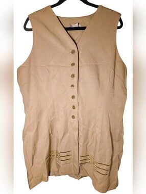 Vintage Elmora USA Made Tan Rayon Longline Embroidered Vest Size 20